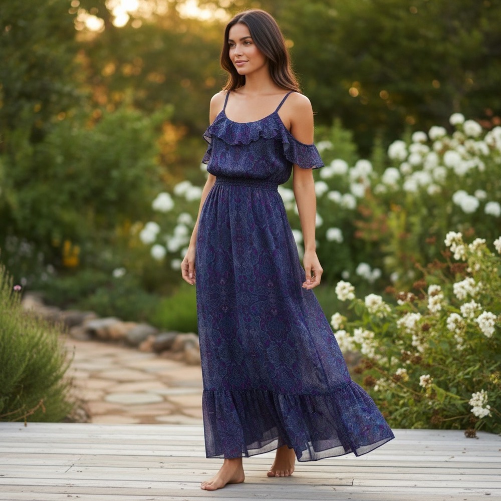 Express XS Metallic Paisley Maxi Dress‎ Purple Blue Cold Shoulder Boho Festival